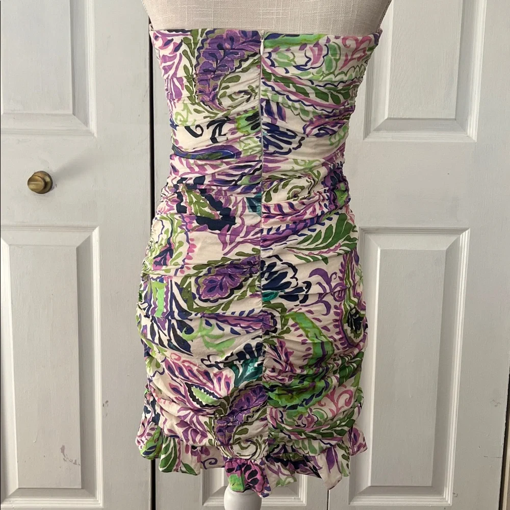 Zara Floral Purple and Green Floral Ruched Dress - Picture 2 of 3